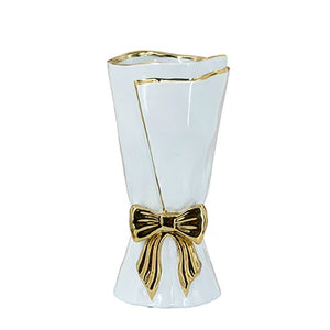 6" x 6" x 12" White & Gold Bow Vase
