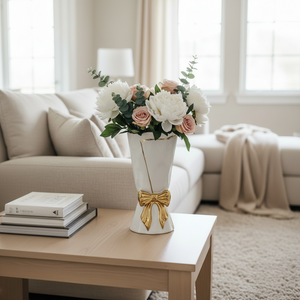 6" x 6" x 12" White & Gold Bow Vase
