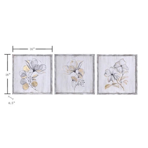 FLOWER TRIO | Set of Three Rustic Wood Framed Prints with Gold Painted Accents | 16in 16in x 1in