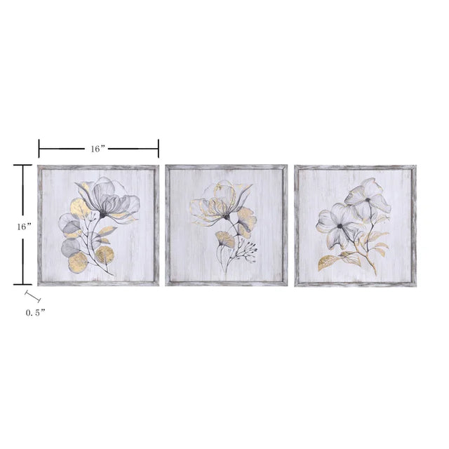 FLOWER TRIO | Set of Three Rustic Wood Framed Prints with Gold Painted Accents | 16in 16in x 1in