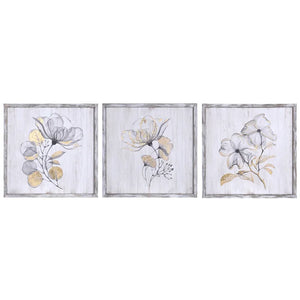 FLOWER TRIO | Set of Three Rustic Wood Framed Prints with Gold Painted Accents | 16in 16in x 1in