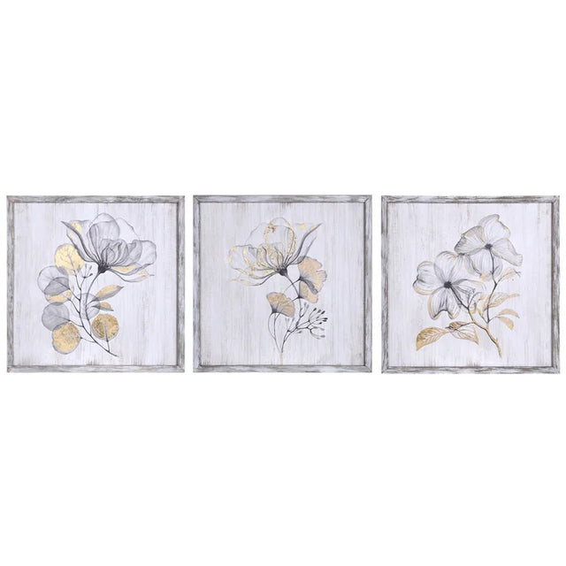 FLOWER TRIO | Set of Three Rustic Wood Framed Prints with Gold Painted Accents | 16in 16in x 1in
