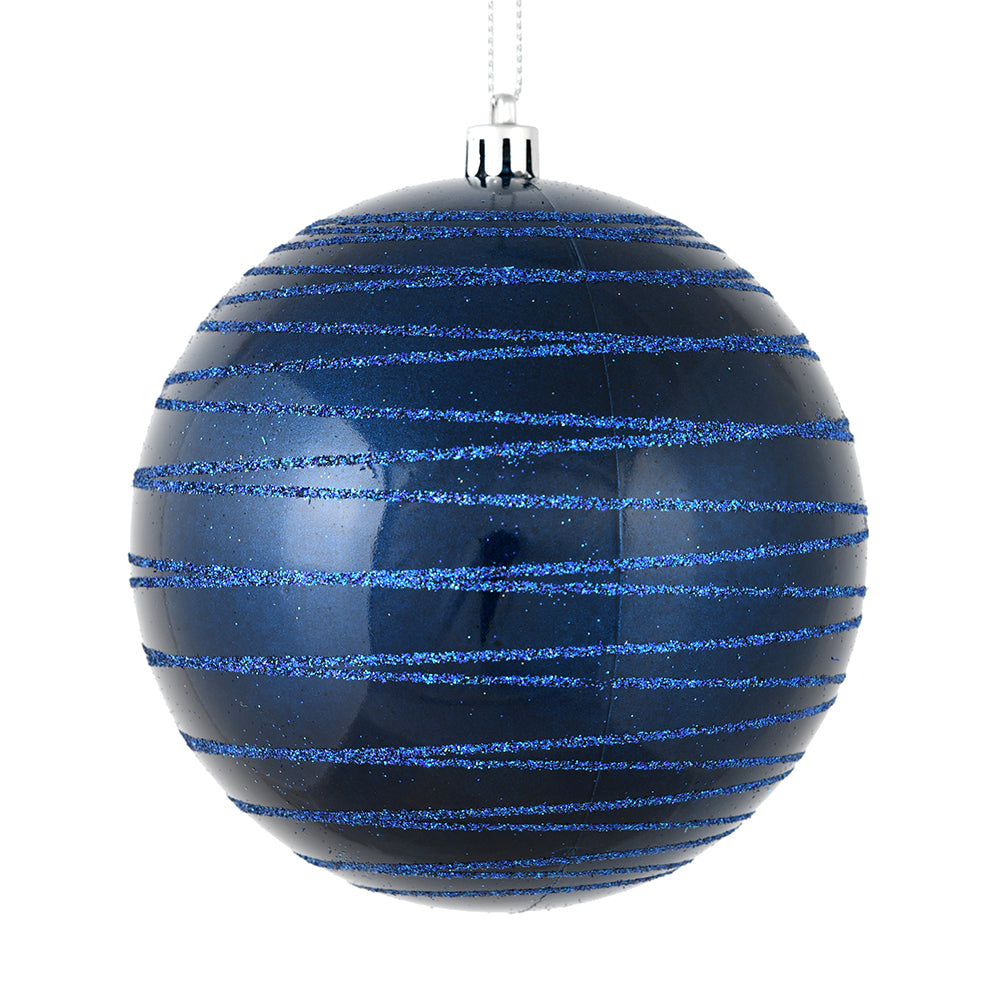 6" Midnight Blue Candy Finish Ball Ornament with Glitter Lines , 3/Bag