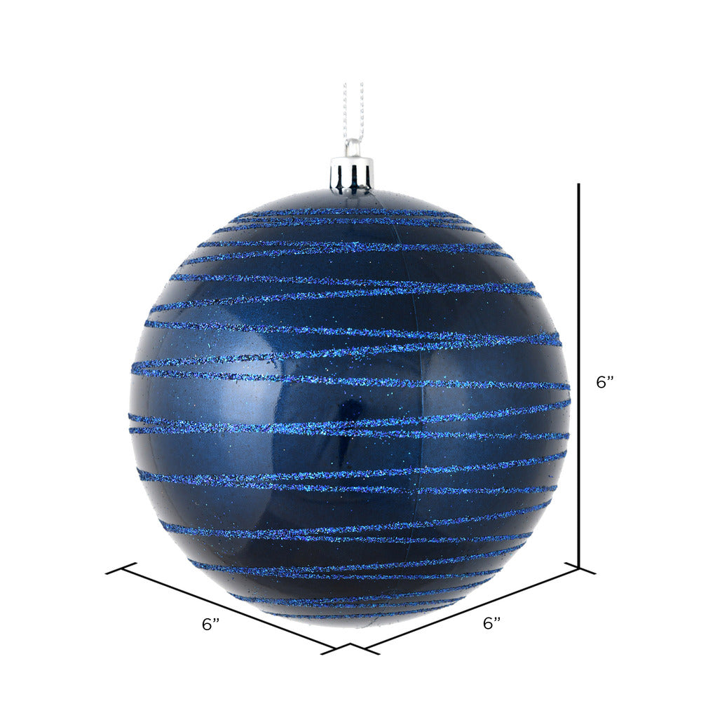 6" Midnight Blue Candy Finish Ball Ornament with Glitter Lines , 3/Bag